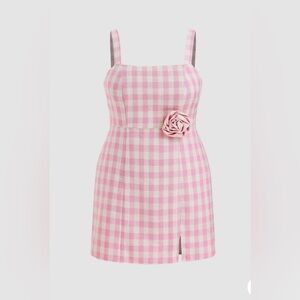 Cider Pink Gingham Square Neck Rosette Check Split Mini Dress Curve & Plus 1XL